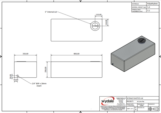 Wydale 60 litre opaque universal water tank technical drawing showing dimensions and connections