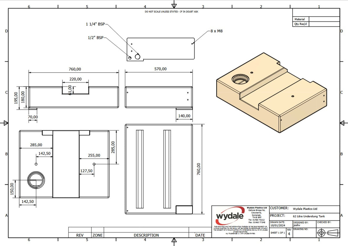 Wydale 62 litre Ducato Boxer Relay underslung water tank technical drawing with dimensions