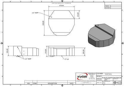 Wydale 68 litre VW Transporter spare wheel water tank technical drawing showing dimensions and connection points