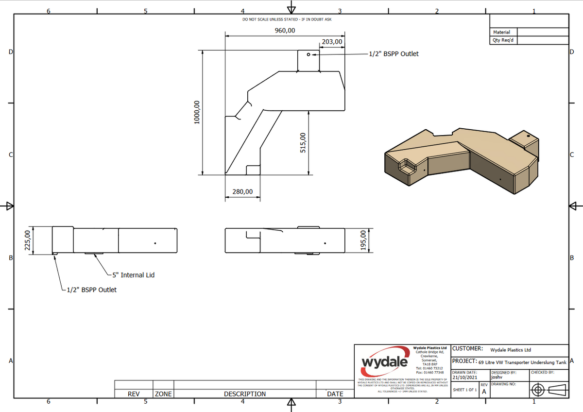Wydale 69 litre VW Transporter T5 T6 T6.1 underslung water tank technical drawing showing dimensions and mounting points
