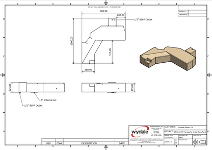 Wydale 69 litre VW Transporter T5 T6 T6.1 underslung water tank technical drawing showing dimensions and mounting points