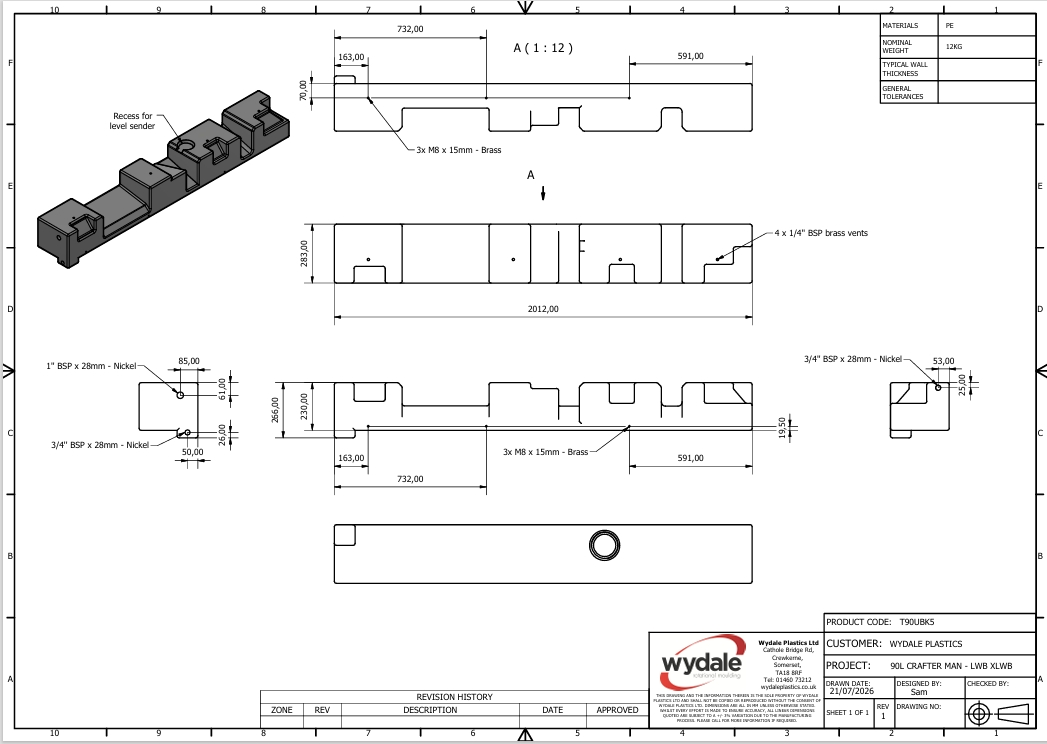 Wydale 90 litre VW Crafter MAN TGE LWB XLWB underslung water tank technical drawing showing dimensions and mounting points