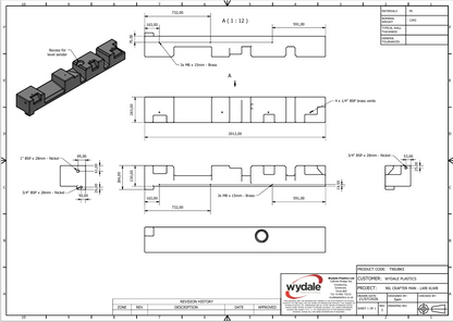 Wydale 90 litre VW Crafter MAN TGE LWB XLWB underslung water tank technical drawing showing dimensions and mounting points